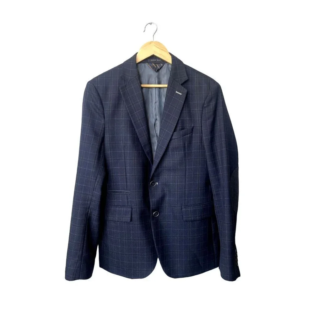 Zara Mens Blazer Size 40 Navy Blue Plaid Wool Blend Button‎ Front